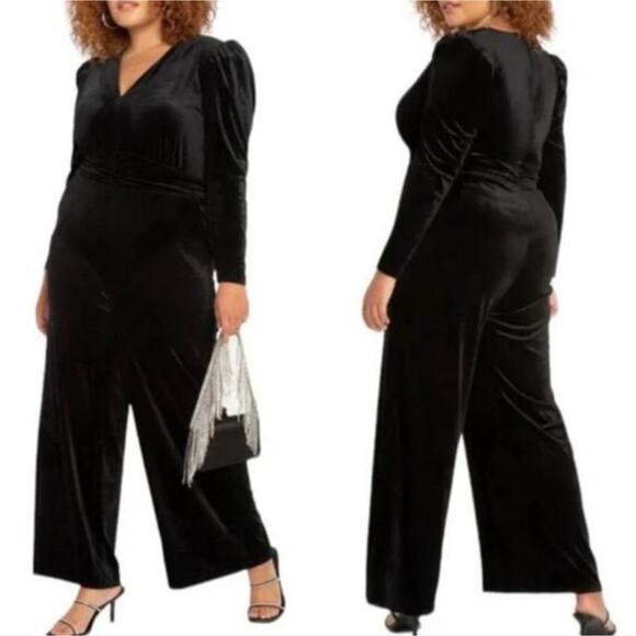 Eloquii Velvet Wide Leg Jumpsuit V-Neck Puff Sleeve Black Holiday 14 - Picture 4 of 12